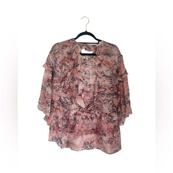 IRO Reopam 100% Silk Designer Pink Snake Print Ruffle Sheer Blouse Size 38 - Picture 2 of 7